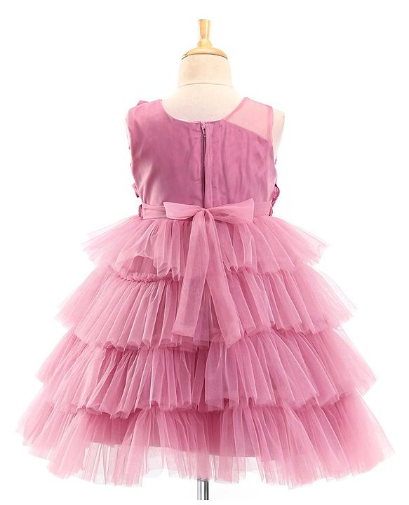 Babyhug Sleeveless Layered Party Frock with Floral Corsage - Pink