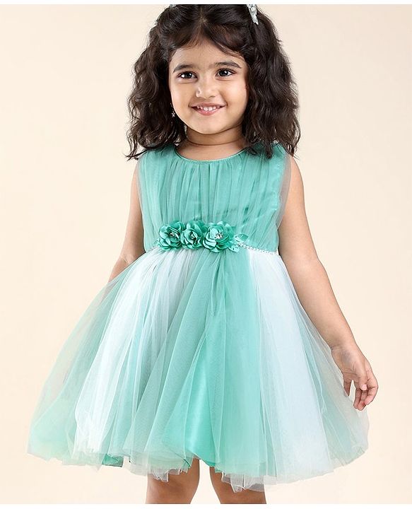 Babyhug Sleeveless Mesh Party Frock with Floral Applique - Blue