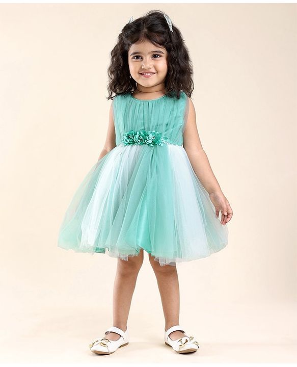 Babyhug Sleeveless Mesh Party Frock with Floral Applique - Blue