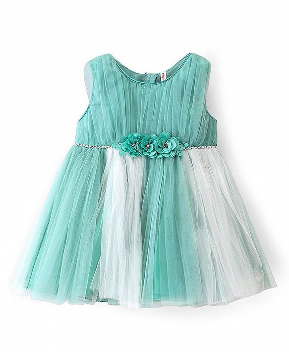 Babyhug Sleeveless Mesh Party Frock with Floral Applique - Blue