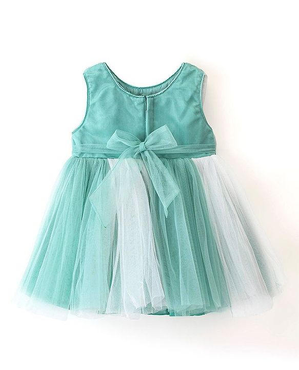 Babyhug Sleeveless Mesh Party Frock with Floral Applique - Blue