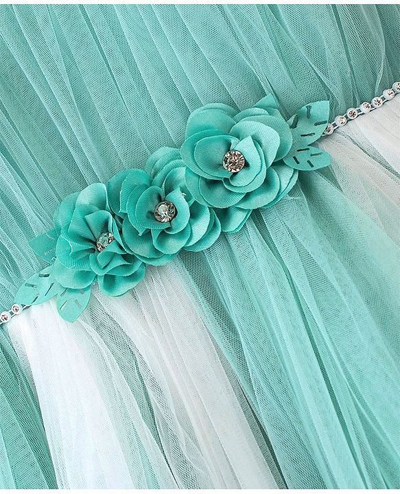 Babyhug Sleeveless Mesh Party Frock with Floral Applique - Blue