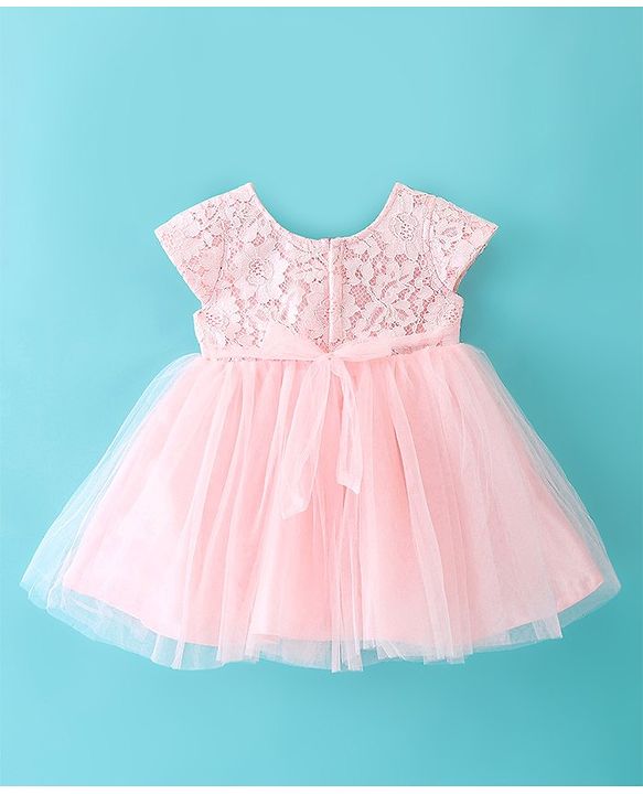 Babyhug Cap Sleeves Mesh Party Frock - Peach