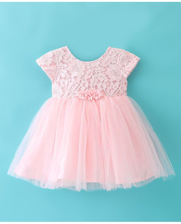 Babyhug Cap Sleeves Mesh Party Frock - Peach