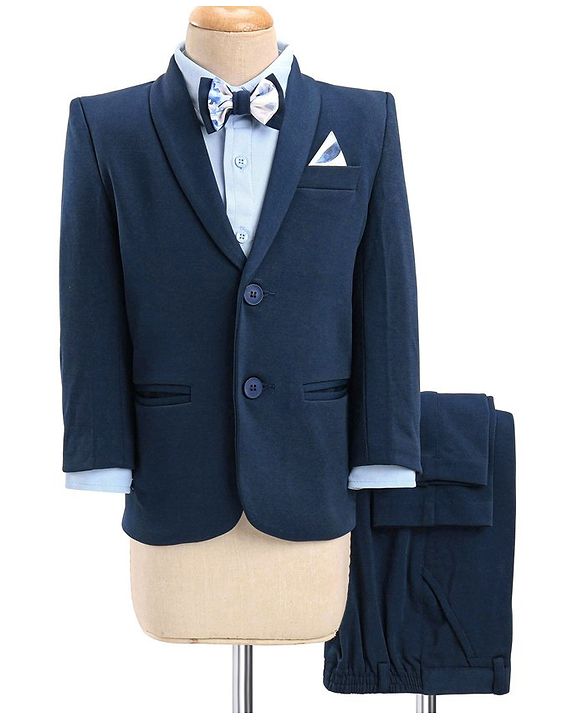Babyhug Woven Full Sleeves Three Pieces Solid Colour Party Suit  With Bow -Dark Blue