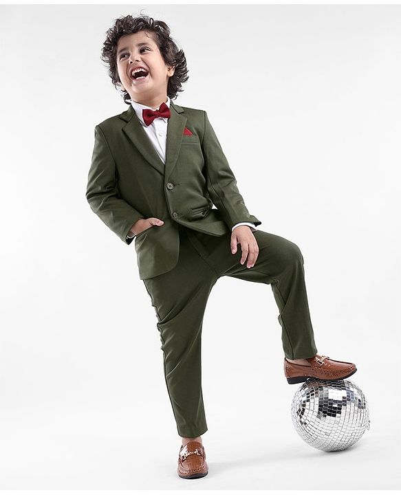 Babyhug Cotton Full Sleeves Party Wear Stretch Fit Suit With Blazer Solid - Olive