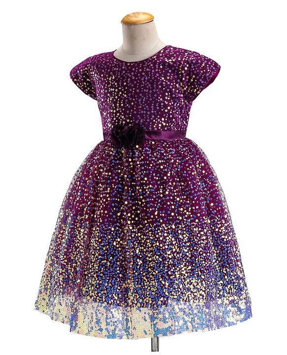 Babyhug Cap Sleeves All Over Sequin Embroidery Party Frock with Floral Corsage - Purple