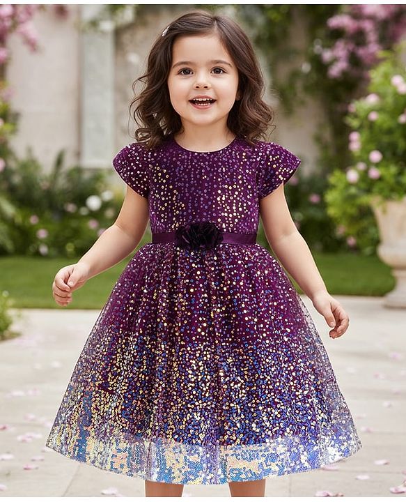 Babyhug Cap Sleeves All Over Sequin Embroidery Party Frock with Floral Corsage - Purple