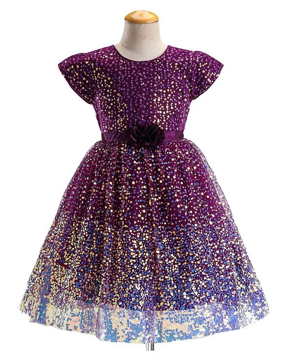 Babyhug Cap Sleeves All Over Sequin Embroidery Party Frock with Floral Corsage - Purple