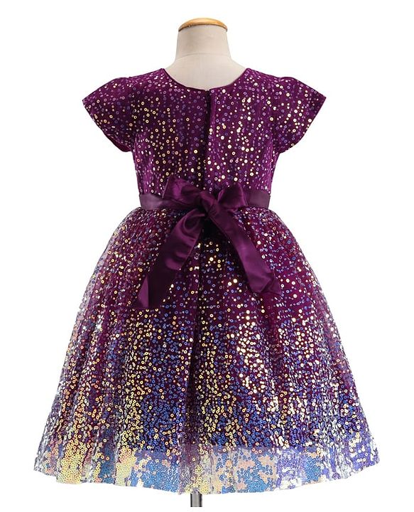 Babyhug Cap Sleeves All Over Sequin Embroidery Party Frock with Floral Corsage - Purple