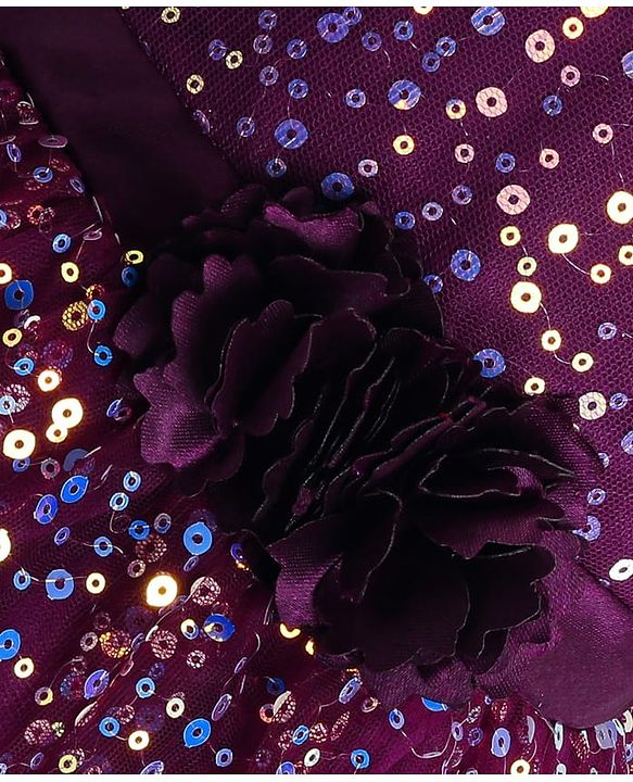 Babyhug Cap Sleeves All Over Sequin Embroidery Party Frock with Floral Corsage - Purple