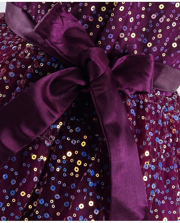 Babyhug Cap Sleeves All Over Sequin Embroidery Party Frock with Floral Corsage - Purple