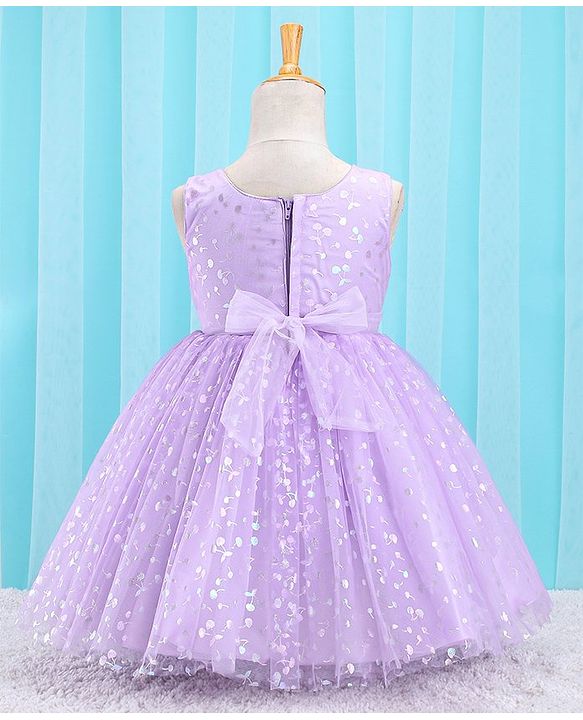 Babyhug Sleeveless Party Frock With Foil Print & Bow Applique- Lilac