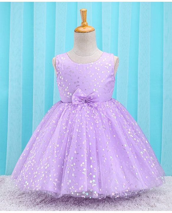 Babyhug Sleeveless Party Frock With Foil Print & Bow Applique- Lilac