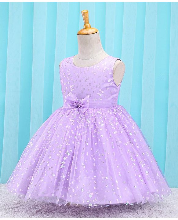 Babyhug Sleeveless Party Frock With Foil Print & Bow Applique- Lilac