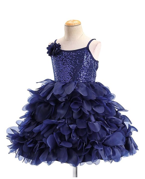 Babyhug Sleeveless 3D Petals Flare Flounce Party Frock with Floral Applique  - Navy Blue