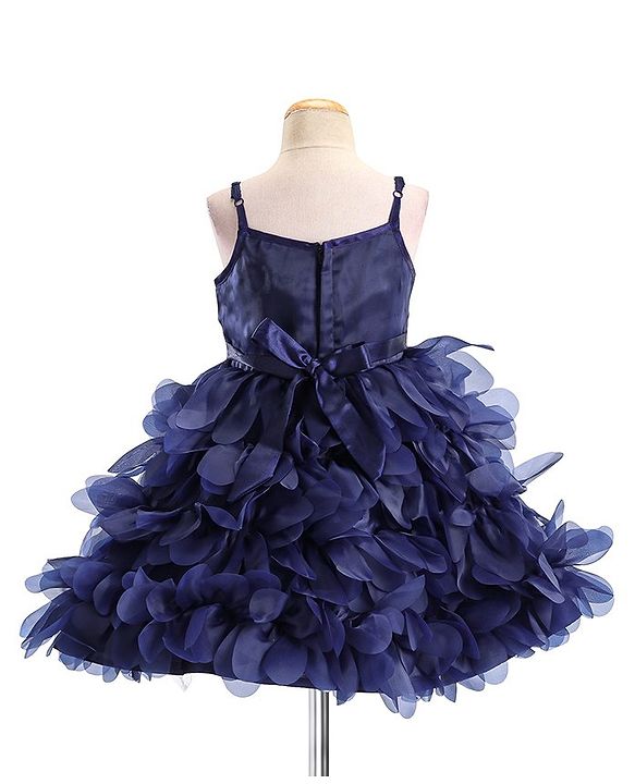 Babyhug Sleeveless 3D Petals Flare Flounce Party Frock with Floral Applique  - Navy Blue