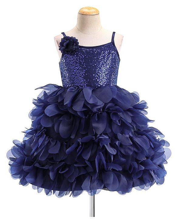 Babyhug Sleeveless 3D Petals Flare Flounce Party Frock with Floral Applique  - Navy Blue