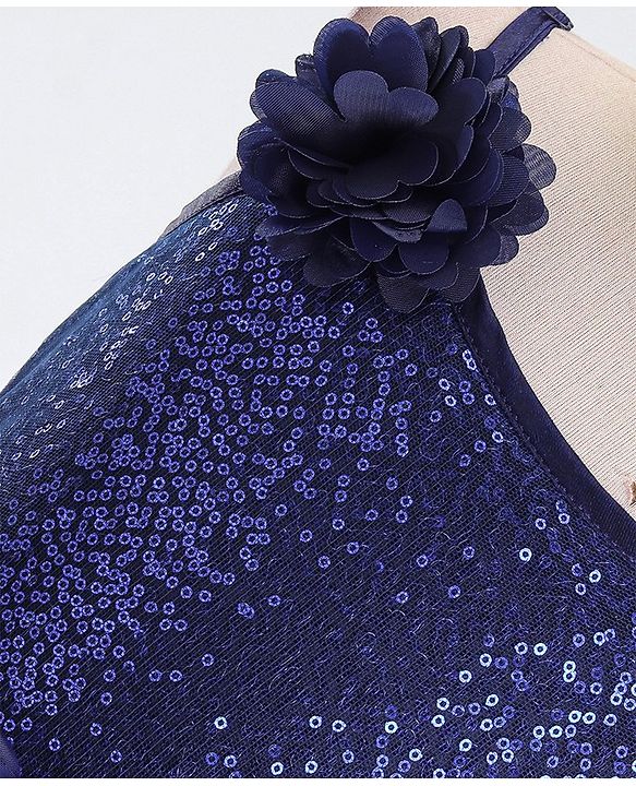 Babyhug Sleeveless 3D Petals Flare Flounce Party Frock with Floral Applique  - Navy Blue