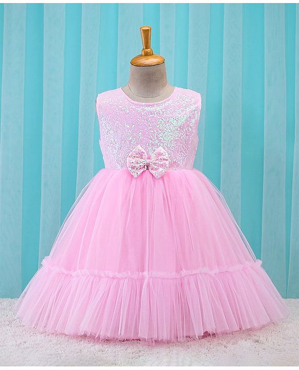 Babyhug Sleeveless Sequinned Party Frock With Bow Applique- Pink