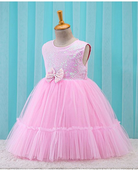 Babyhug Sleeveless Sequinned Party Frock With Bow Applique- Pink
