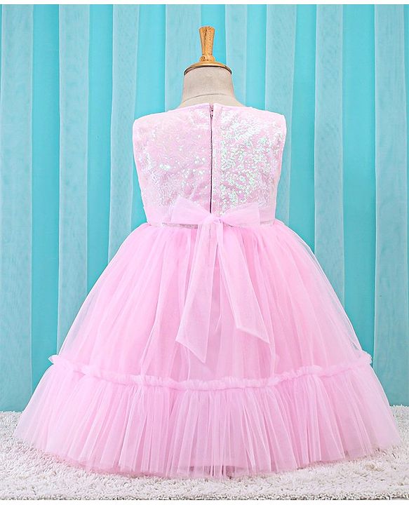 Babyhug Sleeveless Sequinned Party Frock With Bow Applique- Pink