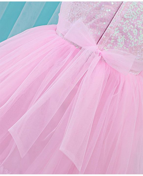 Babyhug Sleeveless Sequinned Party Frock With Bow Applique- Pink