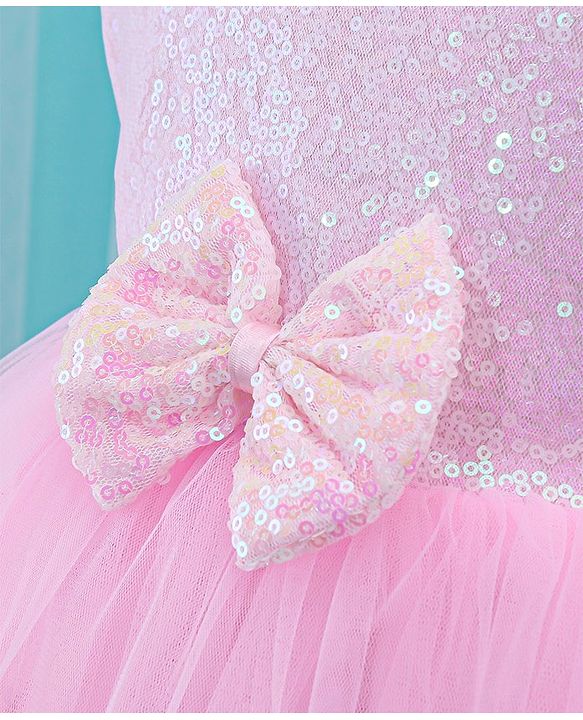 Babyhug Sleeveless Sequinned Party Frock With Bow Applique- Pink