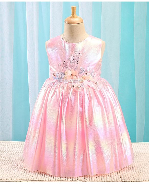 Babyhug Woven Sleeveless Metallic Party Frock with Floral Applique - Pink