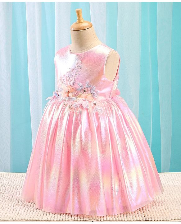 Babyhug Woven Sleeveless Metallic Party Frock with Floral Applique - Pink