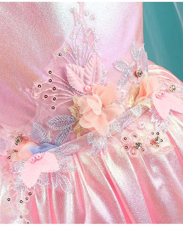 Babyhug Woven Sleeveless Metallic Party Frock with Floral Applique - Pink