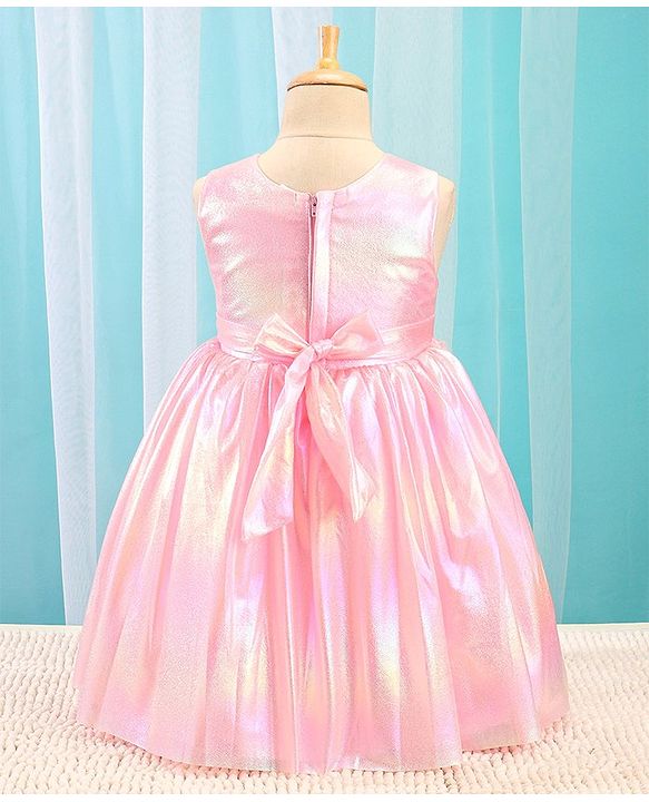 Babyhug Woven Sleeveless Metallic Party Frock with Floral Applique - Pink