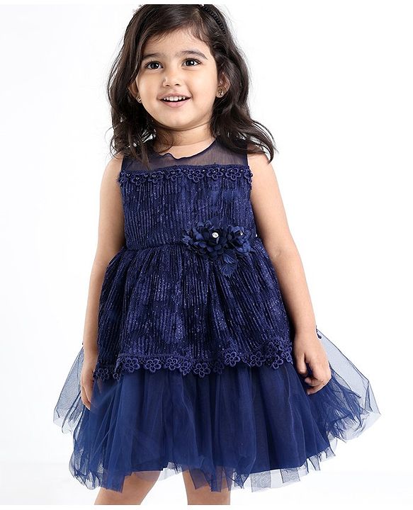 Babyhug Sleeveless Party Frock With Floral Applique - Navy Blue