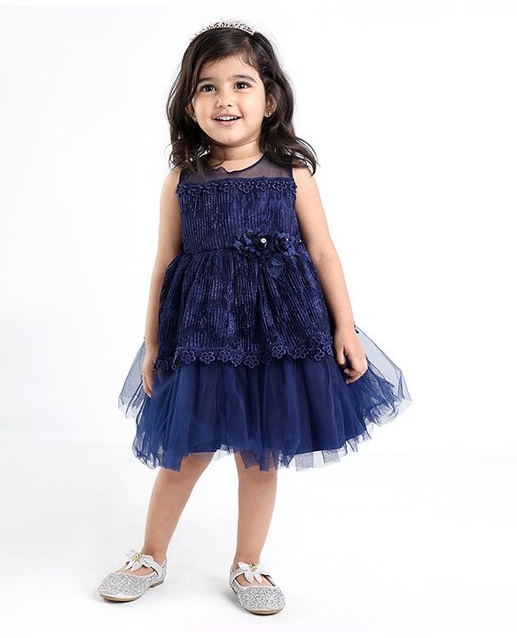 Babyhug Sleeveless Party Frock With Floral Applique - Navy Blue
