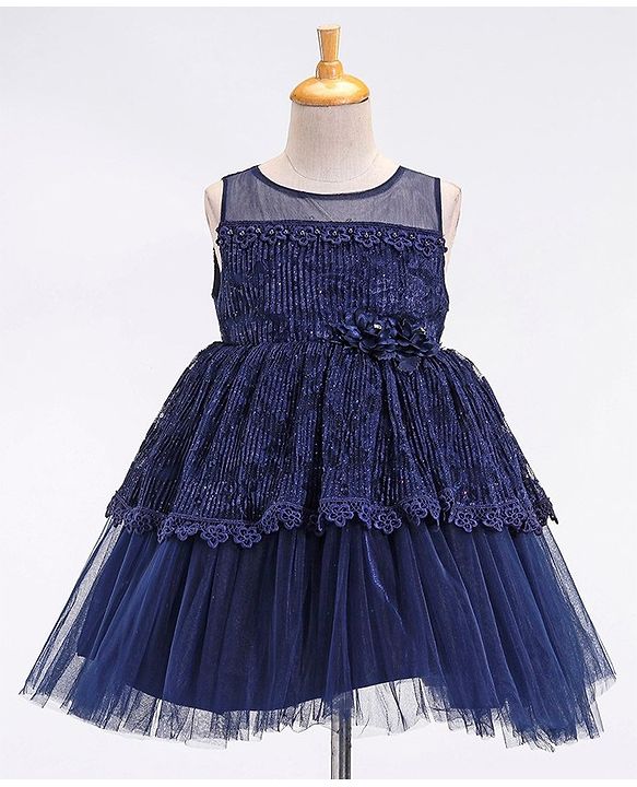 Babyhug Sleeveless Party Frock With Floral Applique - Navy Blue