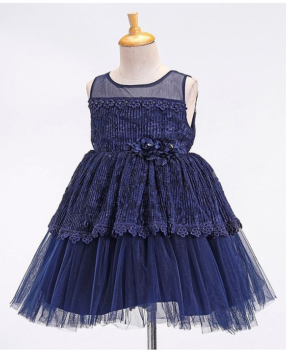 Babyhug Sleeveless Party Frock With Floral Applique - Navy Blue