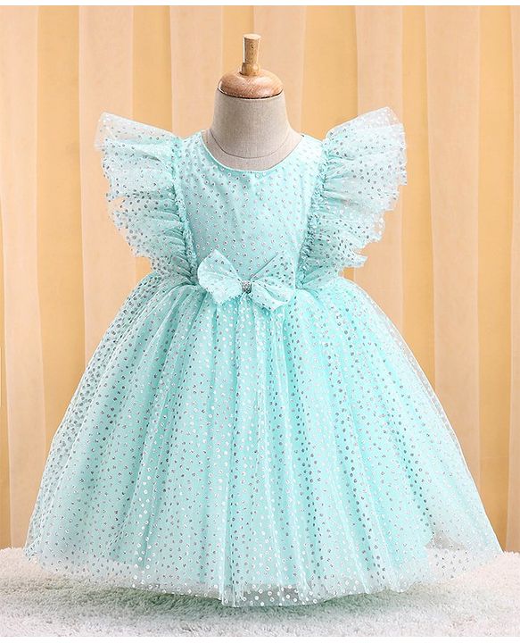 Babyhug Woven Sleeveless Polka Glitter Printed Party Frock - Mint