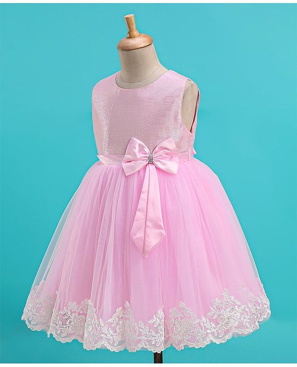 Babyhug Sleeveless Lace Scallop Party Frock With Bow Applique- Pink