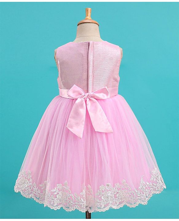 Babyhug Sleeveless Lace Scallop Party Frock With Bow Applique- Pink