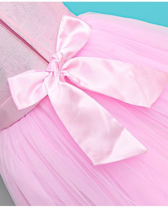 Babyhug Sleeveless Lace Scallop Party Frock With Bow Applique- Pink