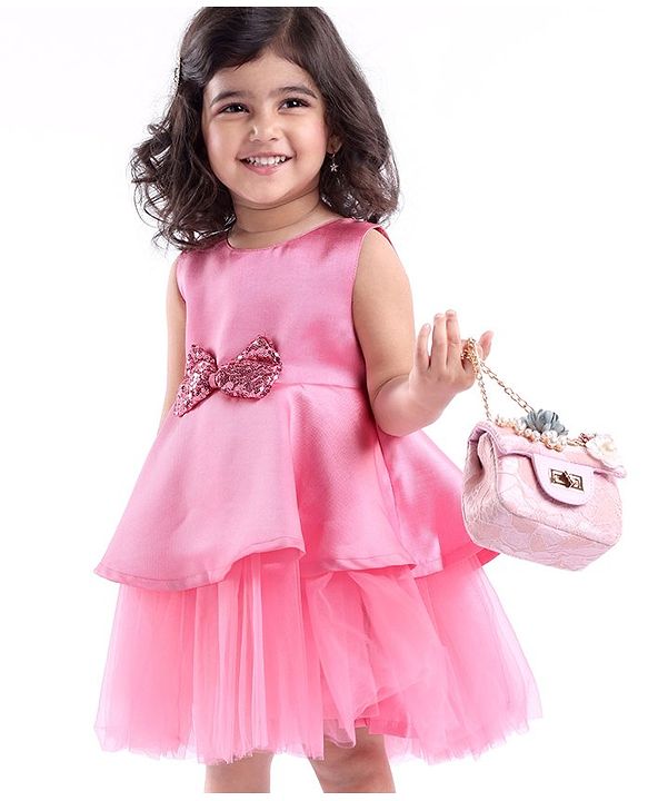 Babyhug Sleeveless Peplum Party Frock With Bow Applique - Dusty Pink