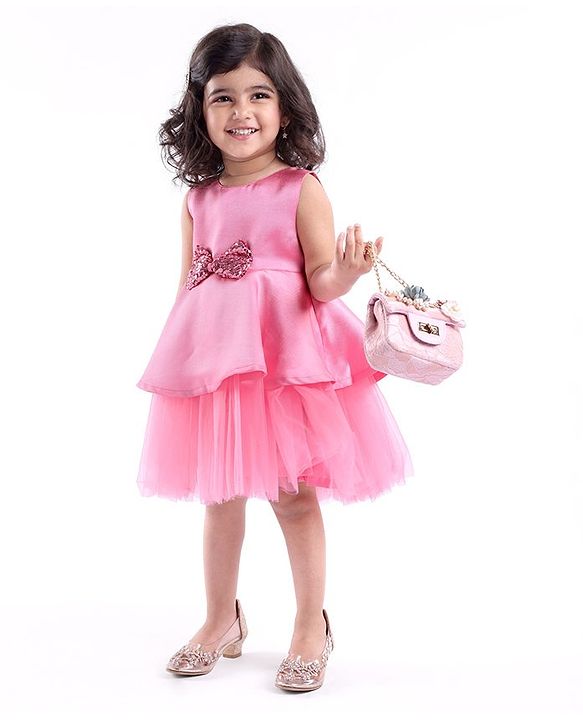 Babyhug Sleeveless Peplum Party Frock With Bow Applique - Dusty Pink