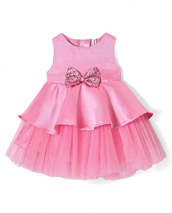 Babyhug Sleeveless Peplum Party Frock With Bow Applique - Dusty Pink
