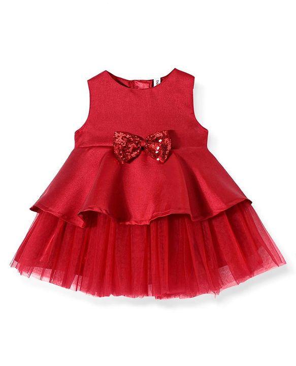 Babyhug Sleeveless Peplum Party Frock With Bow Applique - Red
