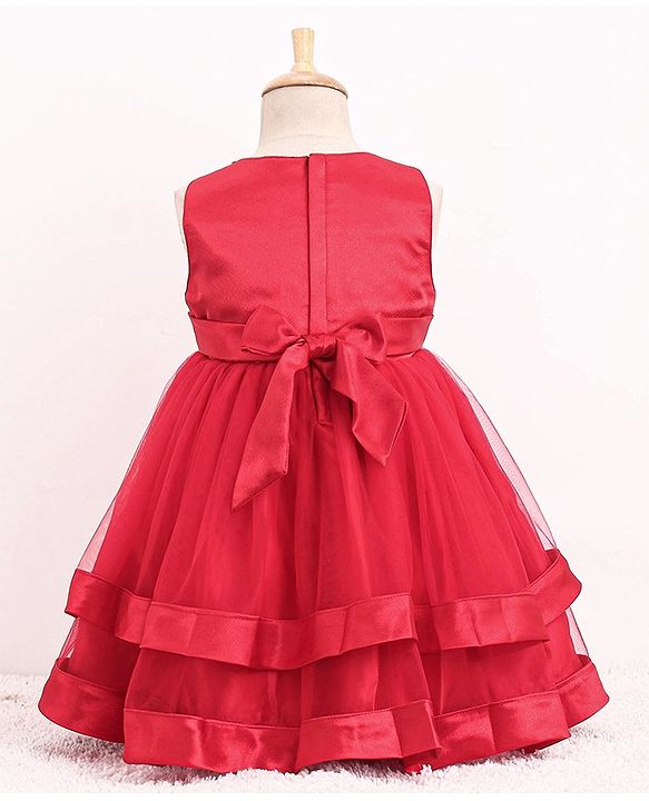 Babyhug Sleeveless Two Layered Mesh Party Frock With Bow Applique & Pearl Detailing- Red