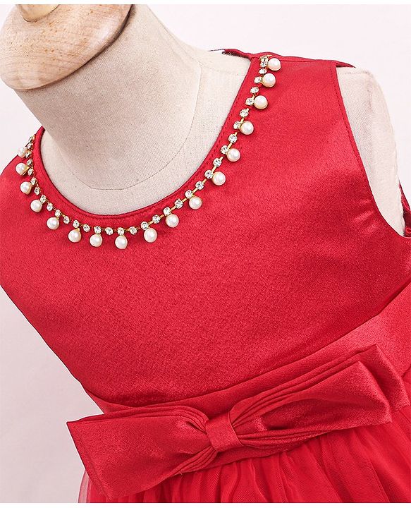 Babyhug Sleeveless Two Layered Mesh Party Frock With Bow Applique & Pearl Detailing- Red