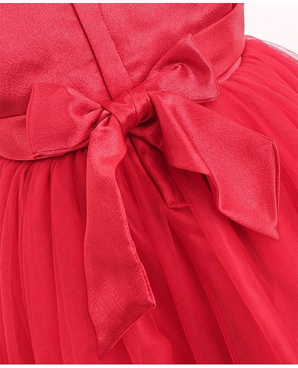 Babyhug Sleeveless Two Layered Mesh Party Frock With Bow Applique & Pearl Detailing- Red