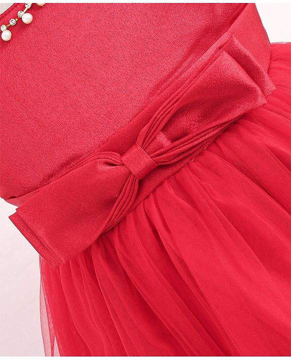Babyhug Sleeveless Two Layered Mesh Party Frock With Bow Applique & Pearl Detailing- Red