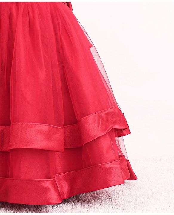 Babyhug Sleeveless Two Layered Mesh Party Frock With Bow Applique & Pearl Detailing- Red