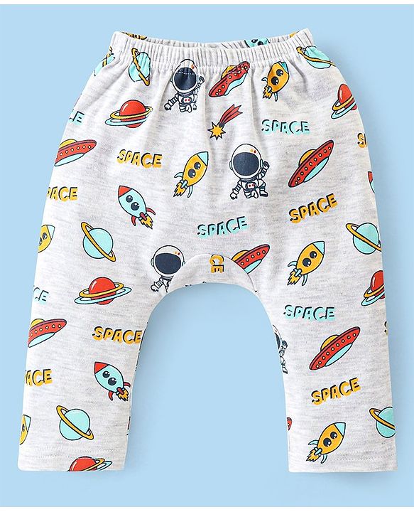 Babyhug Cotton Interlock Knit Full Length Diaper Pant with Stripes & Space Ships Print Pack of 3 - Navy Red & White